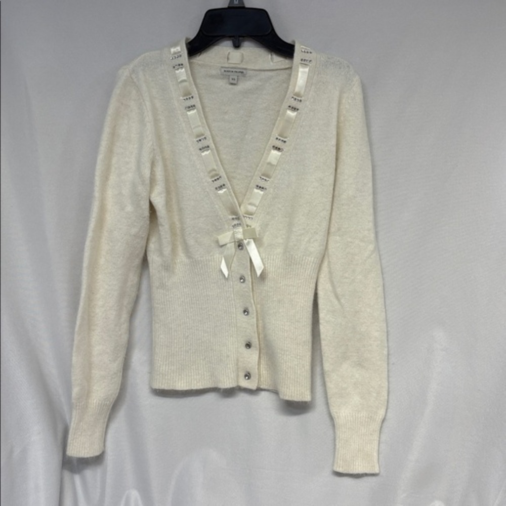 Boston Proper Angora blend Cream and jewel mid button up Knit Cardigan xs